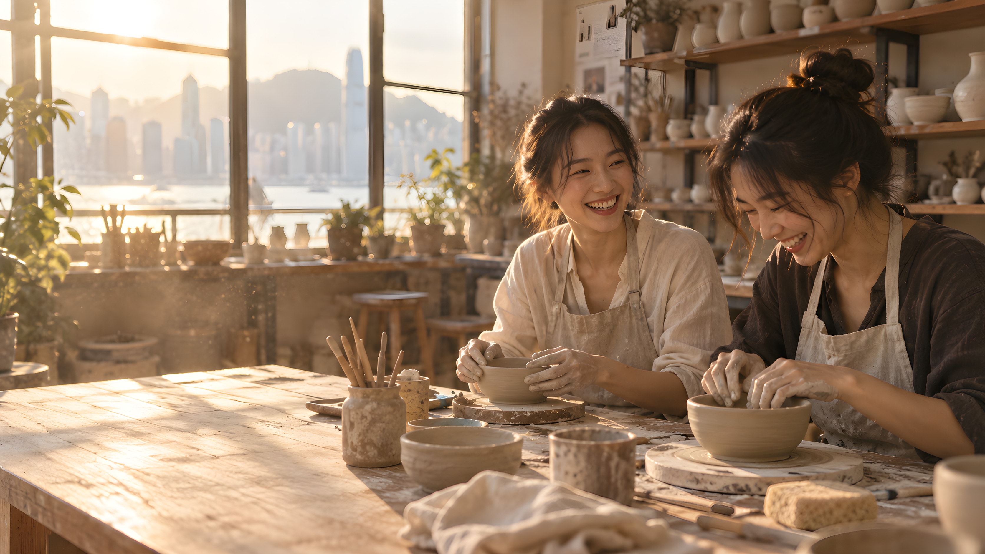Two friends shaping clay at a pottery wheel, with the Hong Kong skyline behind them